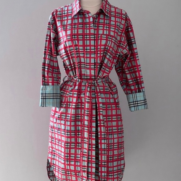 Burberry Red Blue Tartan Plaid Check Tie-Waist Shirt Dress - Picture 3 of 13
